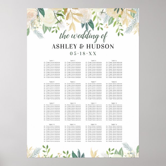 Poster Assento de Casamento com Flora Verde e Creme Elega (Frente)