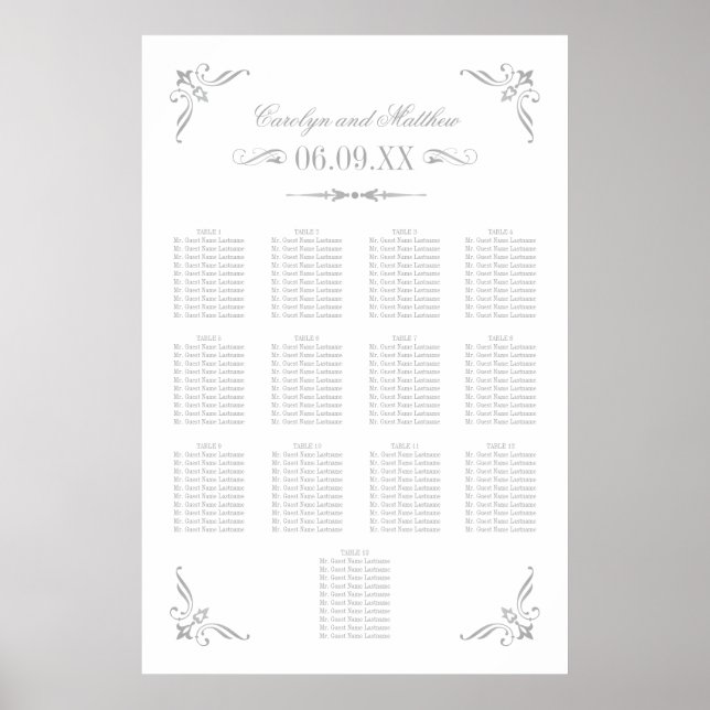 Poster Assento de Casamento com Floral Prateado Antigo (Frente)