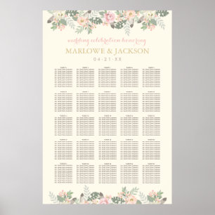 Poster Assento de Casamento Floral Rosa Marfim e Dourado 