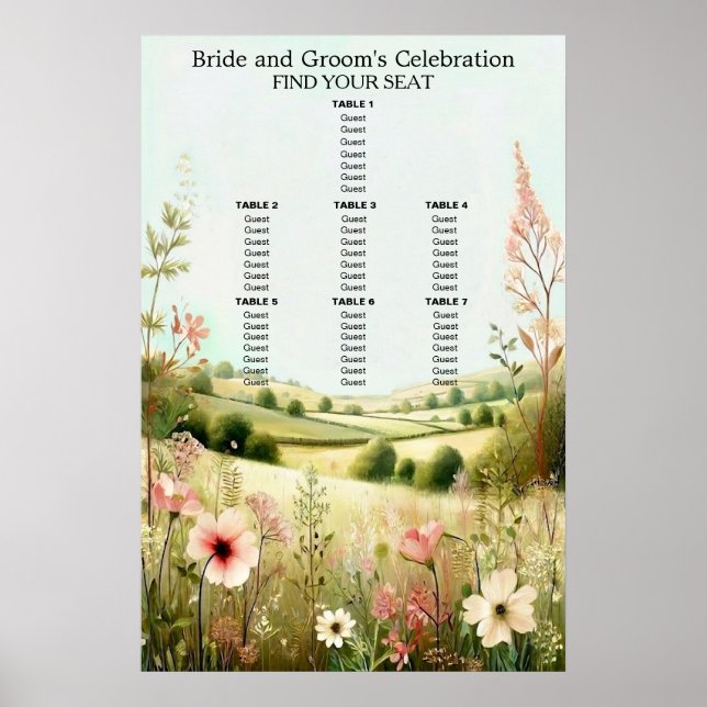 Poster Assento de Casamento Floral Rústico no Campo (Frente)