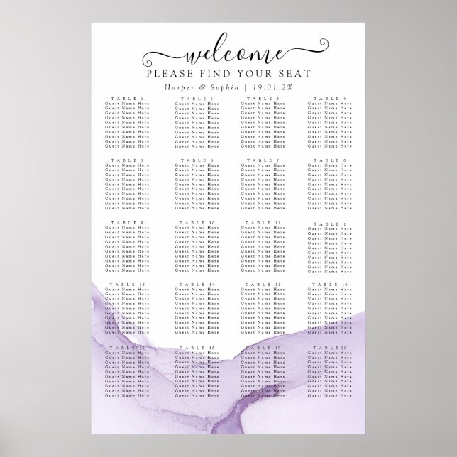 Poster Assento de Casamento Roxo Aquarela Moderna (Frente)