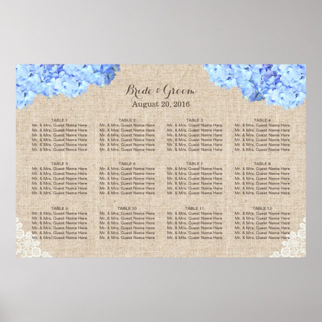 Pôster Assento De Casamento Rustic Blue Hydrangea Lace Bu (Frente)