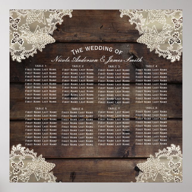 Poster Assento de mesa de casamento romântico Rustic Wood (Frente)