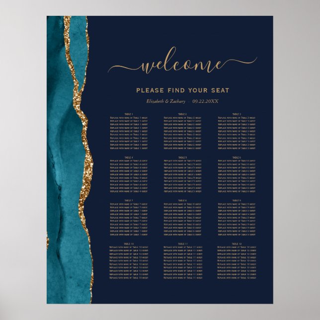 Poster Assentos de casamento de 12 mesas em Ágata Azul Tu (Frente)