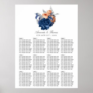 Poster Assentos de casamento florais coral, azul-marinho