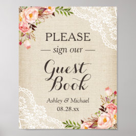 Poster Assinar Livro de Visitas Casamento Rústico Lace Fl