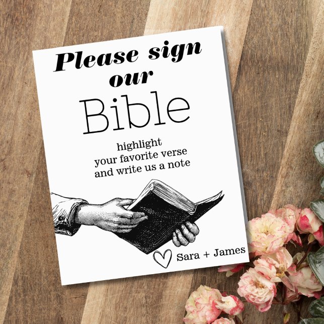 Poster Assinar nosso casamento de Bíblia Preto e Branco (Wedding Bible Guestbook Table Sign)