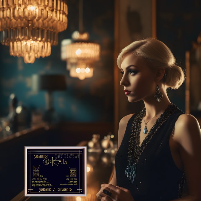 Poster Assinatura Art Deco Cocktails Sinal de Bar de Casa (Art Deco Signature Cocktails Wedding Sign Bar Sign Unique Elegant 1920s Vintage Gatsby Wedding)
