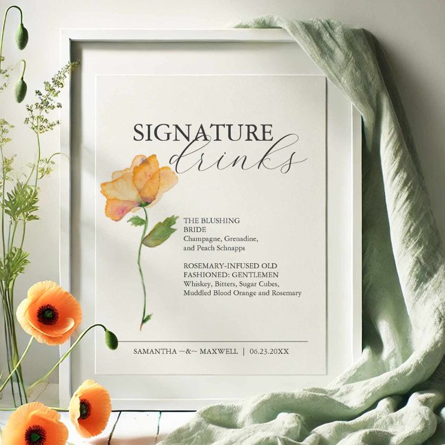 Poster Assinatura Bebe Sinal de Casamento Floral 8x10 (Signature cocktail sign features an elegant watercolor orange flower by Victoria Grigaliunas )
