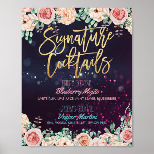 Poster Assinatura Floral Menu Cocktail Drink Decor de Cas