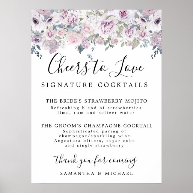 Poster Assinatura Floral Púrpura Cocktails Sinal Bar de C (Frente)