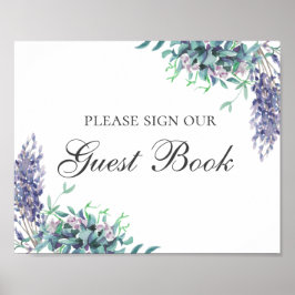 Poster Assine nosso livro de visitas. Flor roxa. Casament
