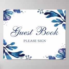 Poster Assine o livro de visitas. Flores de casamento azu