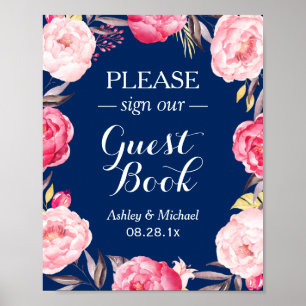 Pôster Assine o Marinho de Guestbook Blue Floral Wreath