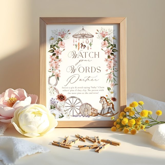 Poster Assista ao seu Chá de fraldas Ocidental selvagem p (Watch Your Words Partner Wild Western Baby Shower Poster)