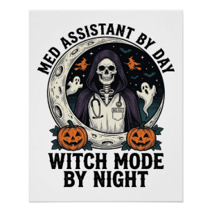 Pôster Assistente Médico Bruxas de Halloween Gravura Vint