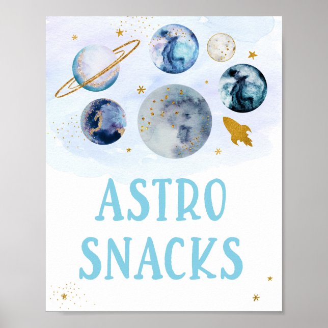 Poster Astro Snacks Galáxia Espaço Dourado Azul Aniversár (Frente)