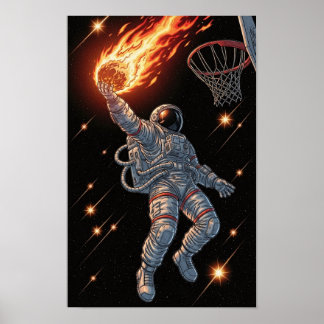 Poster Astronaut Dunking Fiery Basketball Dynamic Space