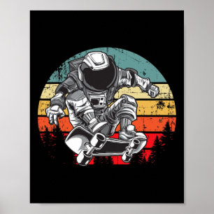 Poster Astronauta Andando de Skate Retro Vintage Pôr do S