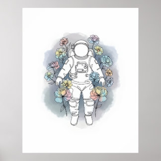 Poster astronauta, arte simples de uma linha contínua