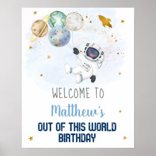 Poster Astronauta Azul Dourado Aniversário do Espaço Exte