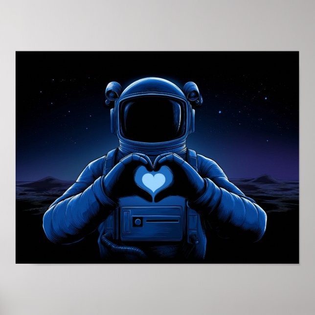 Poster Astronauta Azul Fazendo Sinal de Coração na Lua Al (Frente)