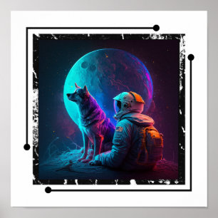 Poster Astronauta com cão no Espaço, Neon Design Art