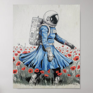 Poster astronauta de vestido azul andando em papoilas