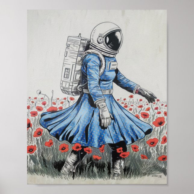 Poster astronauta de vestido azul andando em papoilas (Frente)