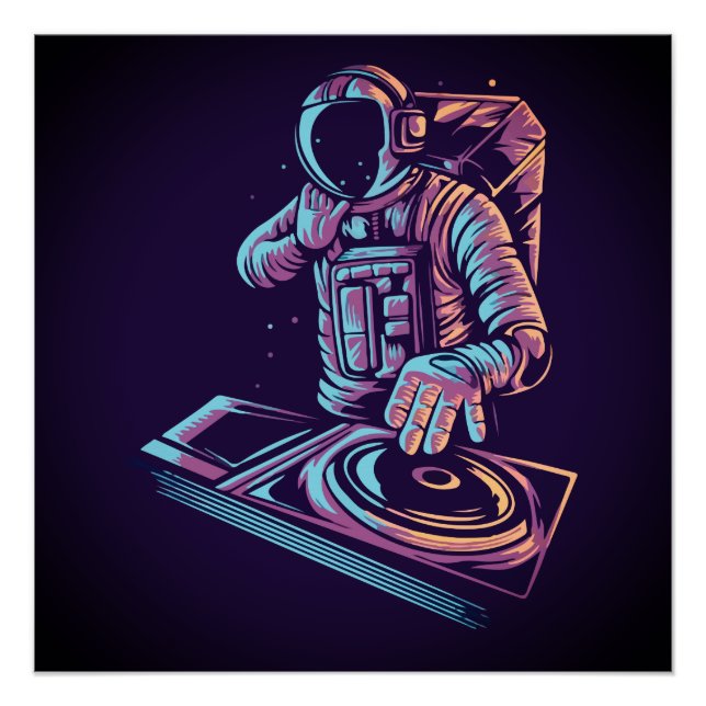 Pôster Astronauta DJ Disco Jockey Reproduzindo Música no  (Frente)