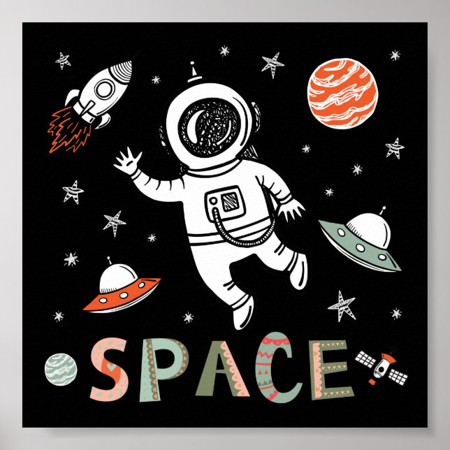 Poster Astronauta do espaço exterior foguete navio planet (Frente)