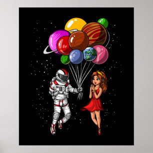 Poster Astronauta Espacial Casal Planetas Cósmicos Balões
