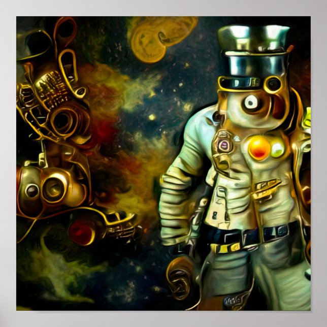 Poster Astronauta Espacial Steampunk e a lua (Frente)