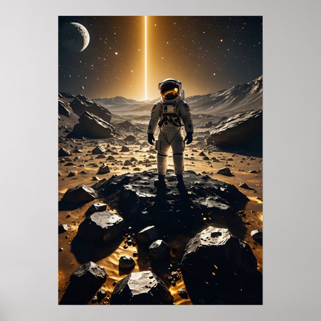 Poster Astronauta Flutuante Acima De Asteroides Ouros Bri (Frente)