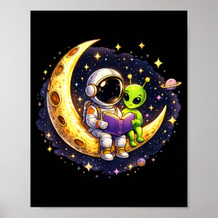 Poster Astronauta Lendo Livro para Espaço Lunar Alien