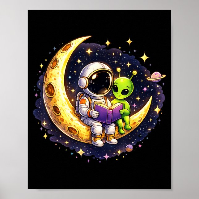 Poster Astronauta Lendo Livro para Espaço Lunar Alien (Frente)