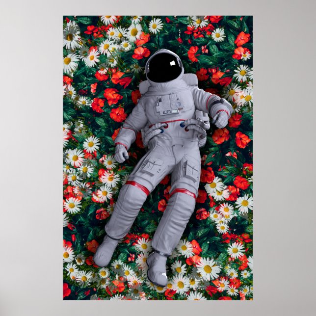 Poster Astronauta nas Flores Vermelhas e Brancas (Frente)