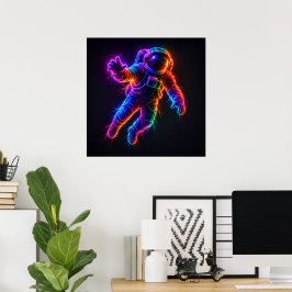 Poster Astronauta Neon Vibrante Flutuando na Parede do Es