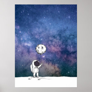 Poster Astronauta no espaço com balão da lua cosmos estre