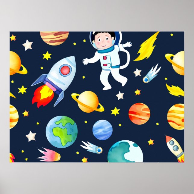 Poster Astronauta no Espaço Planetas e Foguetes Padrão (Frente)