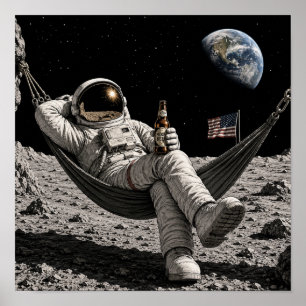 Poster Astronauta Relaxando com Cerveja na Lua