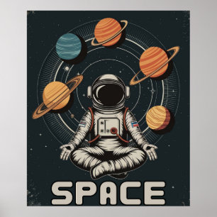 Poster Astronauta Retro Medita no Espaço