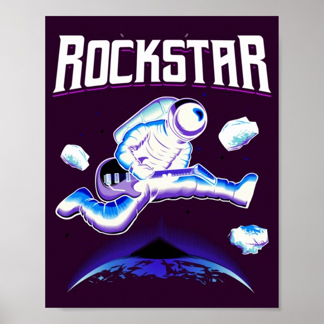 Poster Astronauta Rockstar tocando violão no espaço poste (Frente)