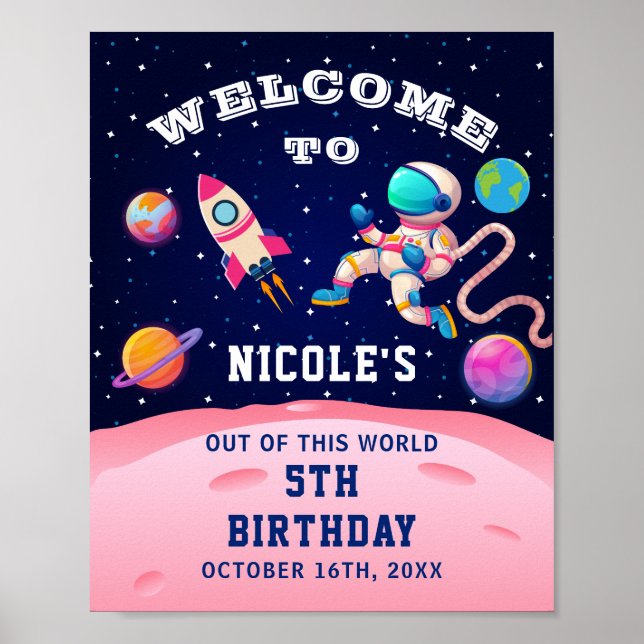 Poster Astronauta Rosa Festa de aniversário do Espaço Ext (Frente)