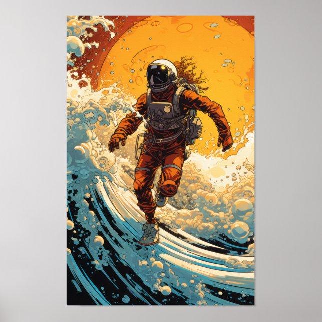 Poster Astronauta Steampunk Surfing no SciFi Surrealismo  (Frente)
