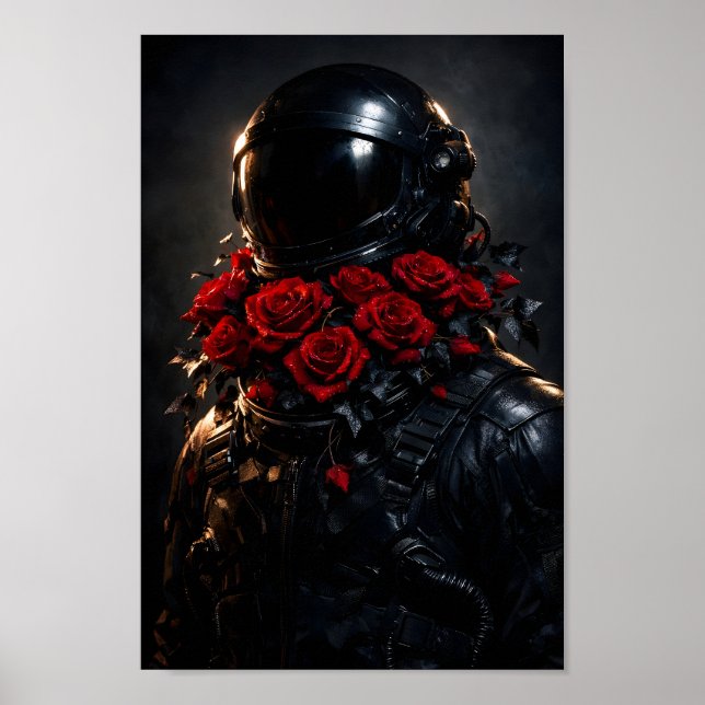 Poster Astronauta Terno Preto Rosas Vermelhas Arte Espaci (Frente)