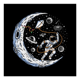 Pôster Astronauta Voando uma Pipa na Lua