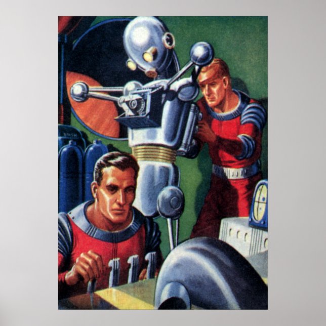 Poster Astronautas de Ficção Científica Vintage consertan (Frente)