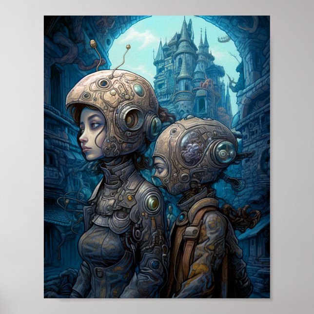 Poster Astronautas Raparigas Surreal Ficção Científica (Frente)