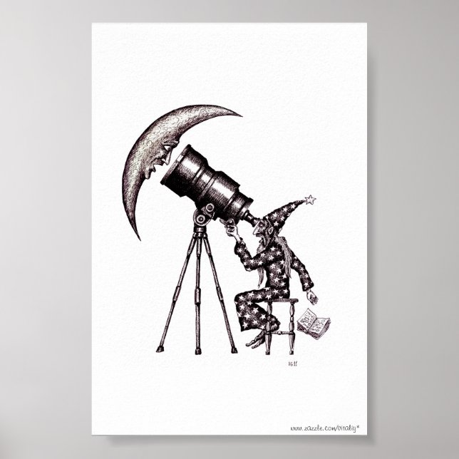 Poster Astronomer and moon surreal black and white art (Frente)
